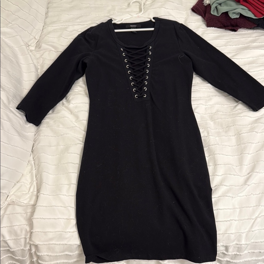 Forever 21 Black Sheath Dress V-Neck 3/4 Sleeve